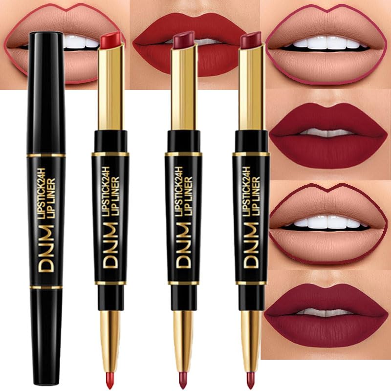 evpct 3Pcs Dark Ruby Red Lip Liner and Lipstick Set Kit for Women DNM Matte Matt 24 Hour Lipstick Pen and with Lip Liner Pencil Set Waterproof Long Lasting 24 labial labiales mate 24 horas originales