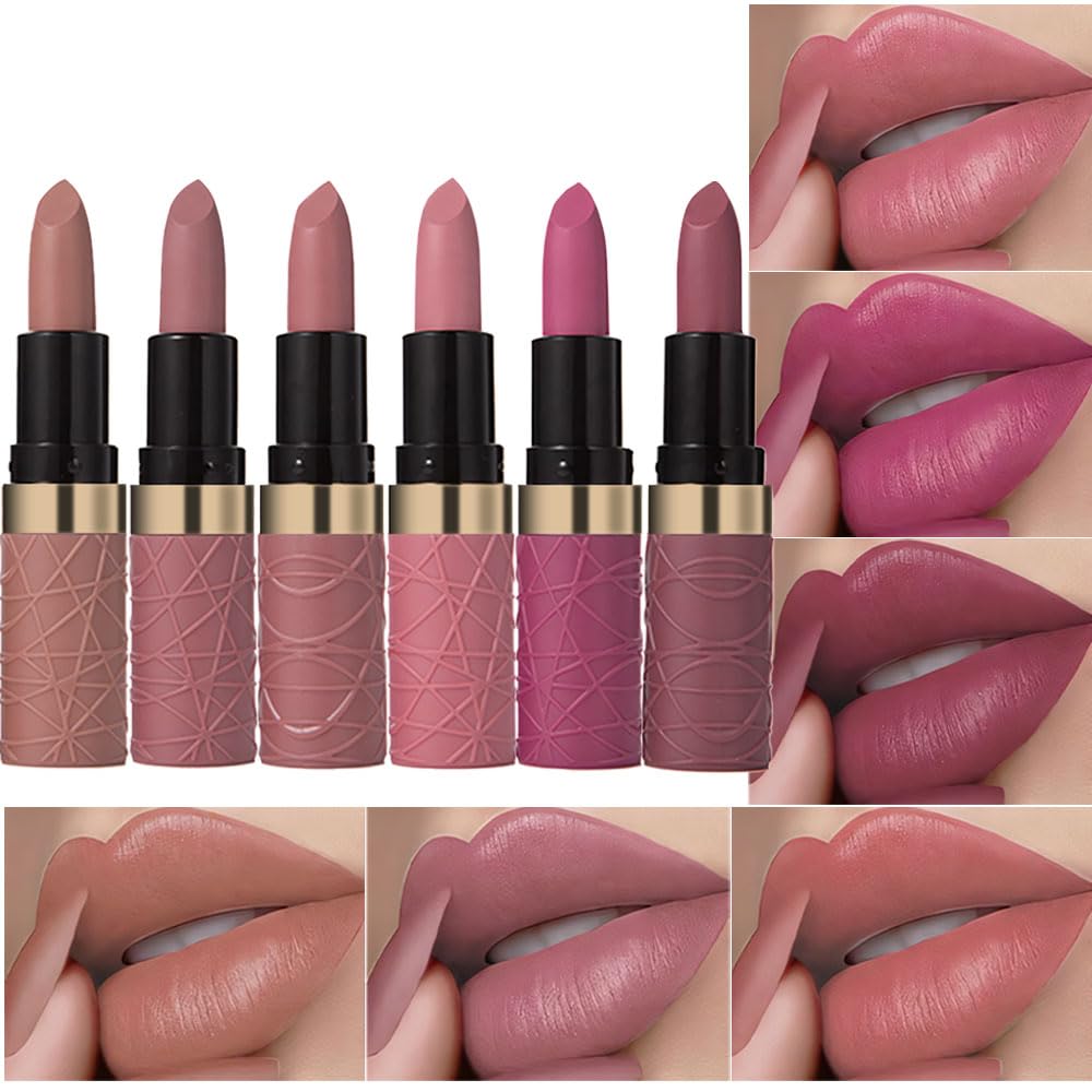 6 Pcs Red Pink Purple Brown Nude Matte Lipstick Sets,Wine Lipstick for Women Longlasting,labiales magicos 24 horas originales,Lipstick Set Long Lasting 24 hrs Waterproof Lipstick Pack,labiales mate