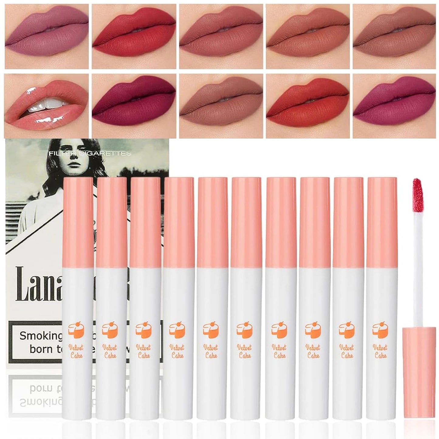 10 Colors Lana Del Rey Lipstick Cigarettes, Lip Tint Stain Set, Little Tube Cigarette Lipstick Lip Gloss, 24 Hour Waterproof Long Lasting Velvet Lipstick