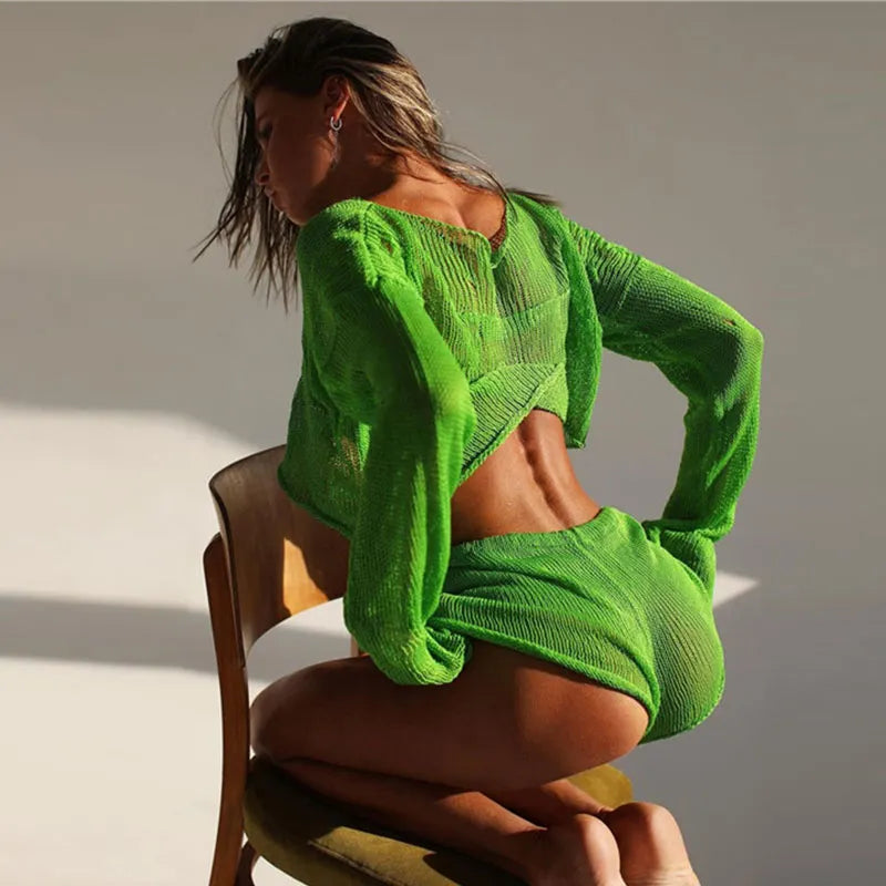 Sexy Beach Crop Top Shorts Sets Women Knit Long Sleeve Lace Up Female Suit Summer Holiday See Through 2 Piece Set Womens ShopOnlyDeal