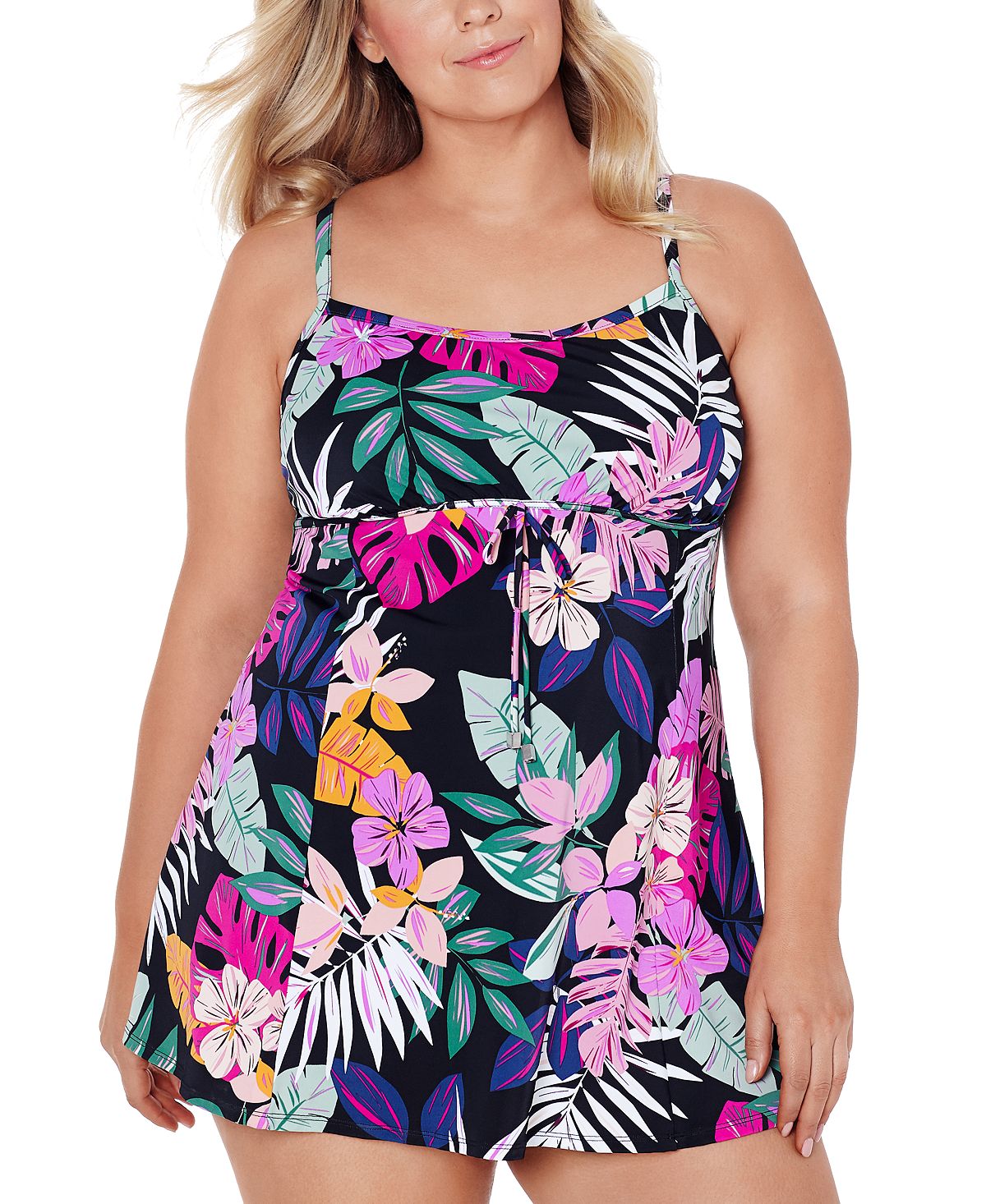 Swim Solutions Plus Floral-print Empire Swimdress Deco Floral Black