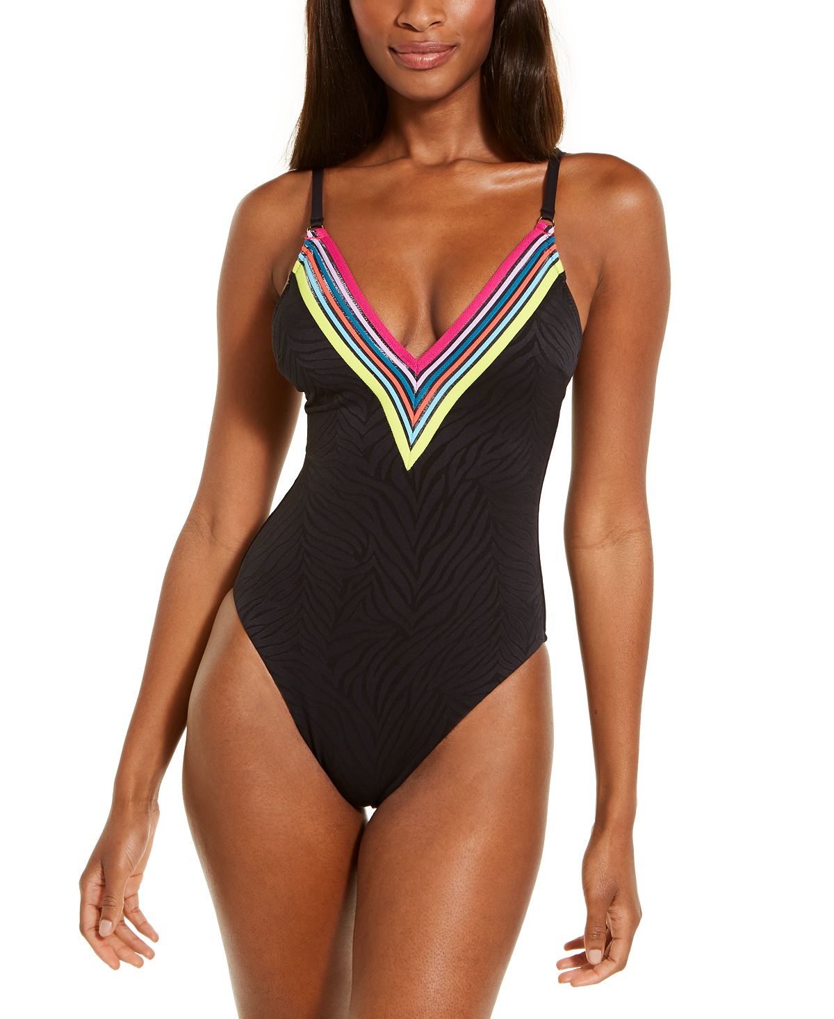 Trina Turk One-piece Zebra-textured V-neck Swimsuit Black
