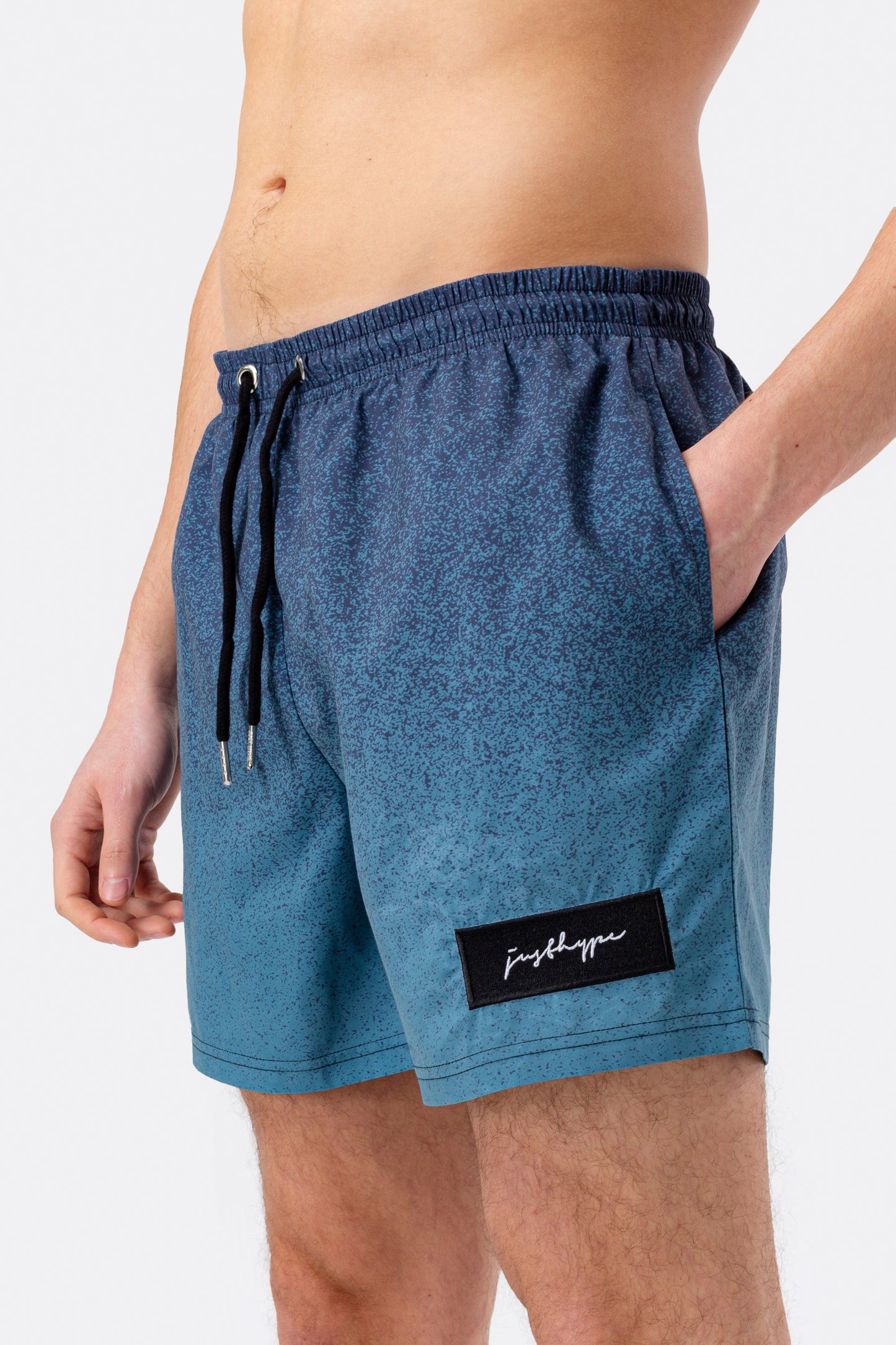 HYPE MENS BLUE SPECKLE FADE SCRIBBLE PATCH SWIM SHORTS