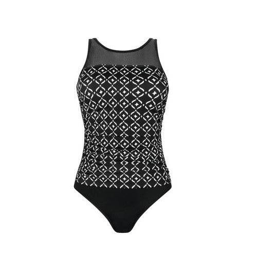Amoena Asian Garden Half-Bodice High Neck Swimsuit - Black & Star White , 10C