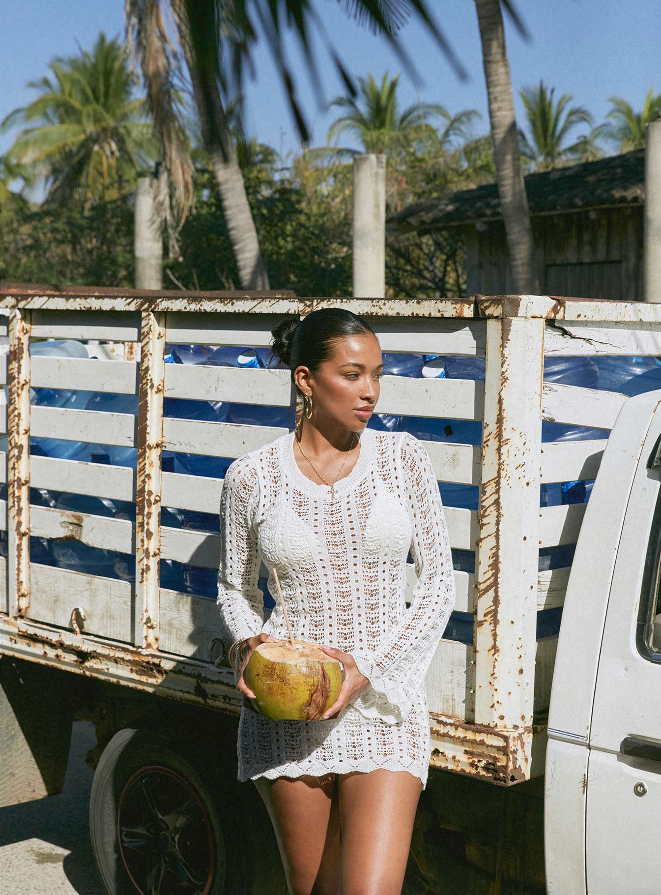 Crush Long Sleeve Mini Dress White