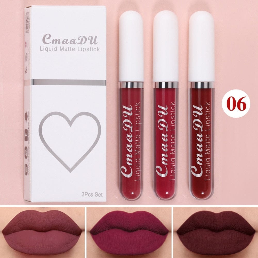 3 Colors/set Matte Velvet Lip Gloss Non-Stick Cup Waterproof Lipstick