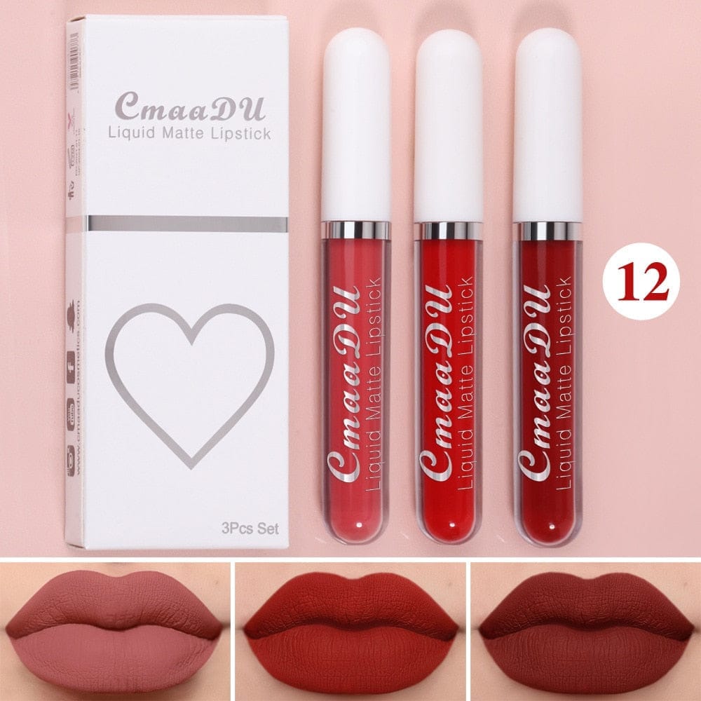 3 Colors/set Matte Velvet Lip Gloss Non-Stick Cup Waterproof Lipstick