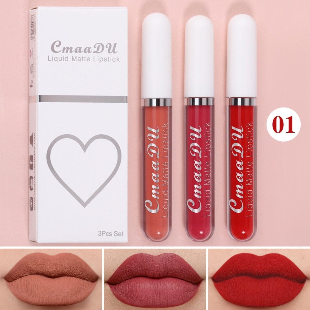 3 Colors/set Matte Velvet Lip Gloss Non-Stick Cup Waterproof Lipstick