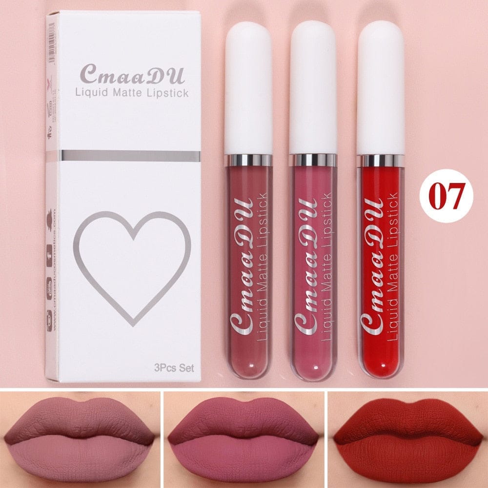 3 Colors/set Matte Velvet Lip Gloss Non-Stick Cup Waterproof Lipstick