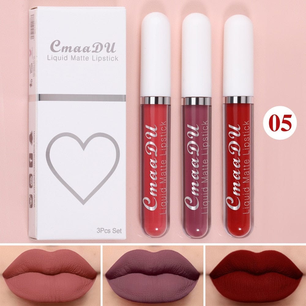 3 Colors/set Matte Velvet Lip Gloss Non-Stick Cup Waterproof Lipstick