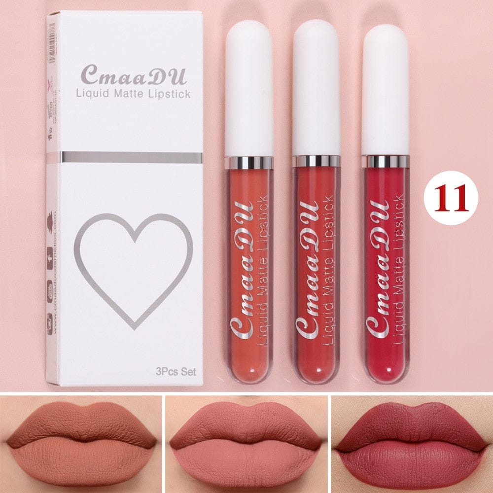3 Colors/set Matte Velvet Lip Gloss Non-Stick Cup Waterproof Lipstick