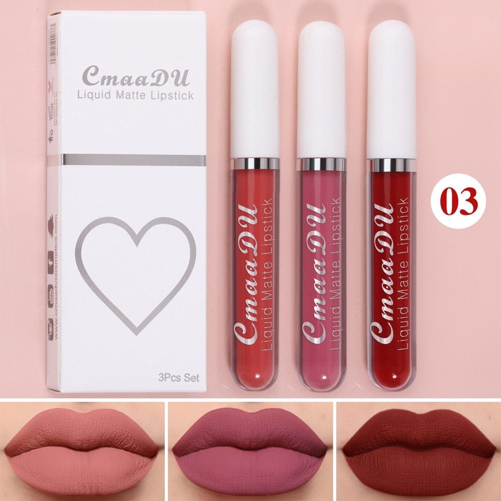 3 Colors/set Matte Velvet Lip Gloss Non-Stick Cup Waterproof Lipstick