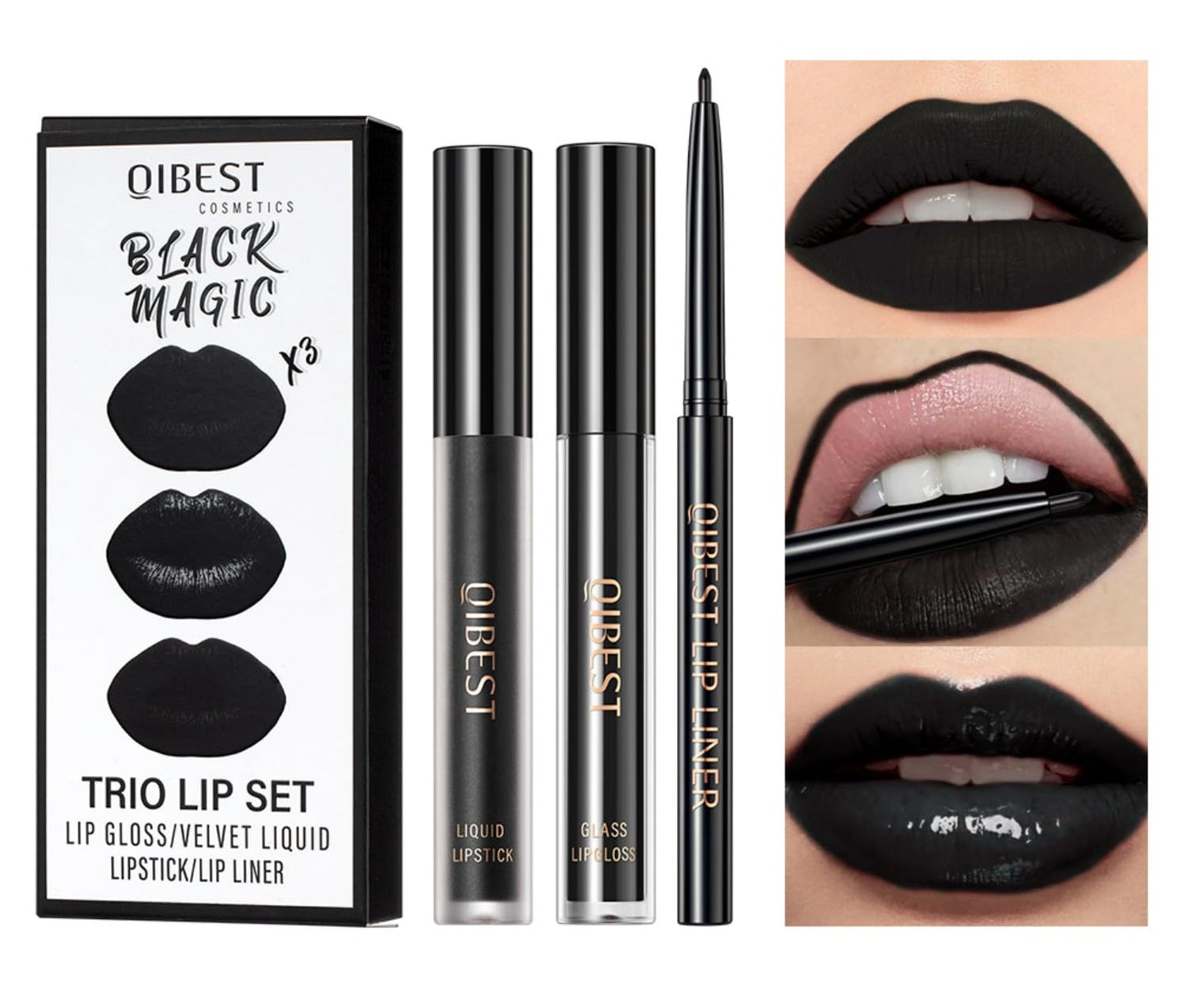 MAEPEOR All In One Lip Kit 3 In 1 Smooth Lipliner Lipgloss and Lipstick Set with Matte Velvet Liquid Lipstick Hydrating Moisturizing Lip Gloss and Creamy Lip Liner (Kit 12, Black Magic)