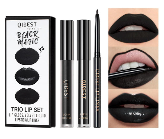 MAEPEOR All In One Lip Kit 3 In 1 Smooth Lipliner Lipgloss and Lipstick Set with Matte Velvet Liquid Lipstick Hydrating Moisturizing Lip Gloss and Creamy Lip Liner (Kit 12, Black Magic)