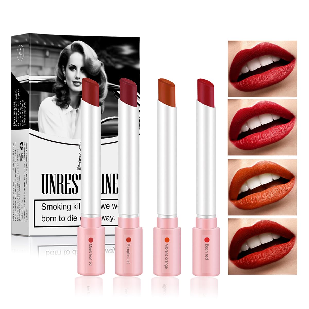 4 Colors Matte Cigarette Lipstick, Labiales Mate Velvet Lipstick, Lip Tint Lip stain Long Lasting 24 hours Waterproof Liquid Lipstick, Red Moisturizer Smooth Lip Stick Cosmetic