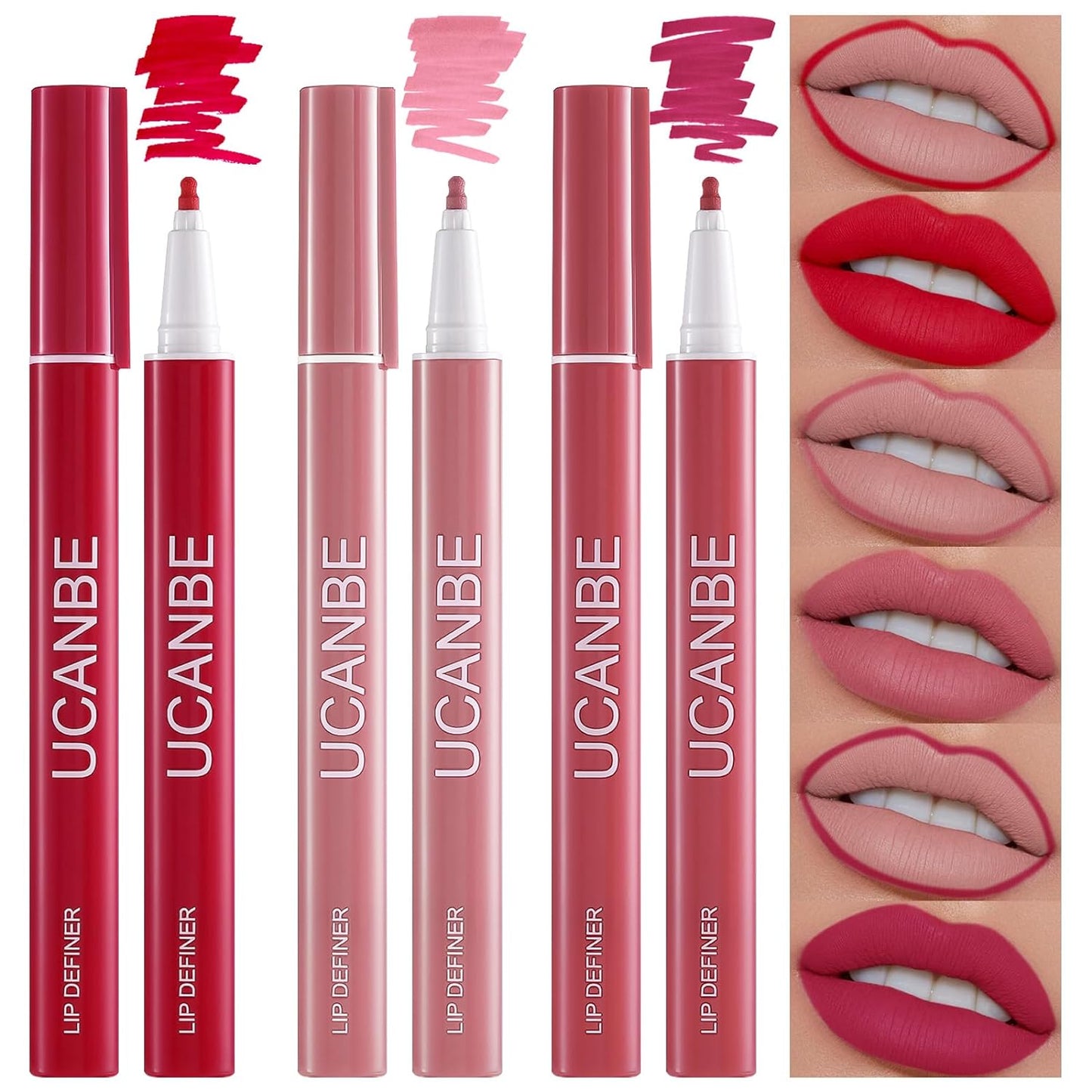 UCANBE 3 Pcs Liquid Lip Stain Tint, Nude Matte Shaded Red Lip Liner Marker, Makeup Smudge Proof Natural Waterproof Longlasting Quick Dry Lipstick Color