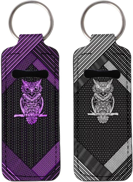 Metal Owl Print Cute Lip Balm Holder Keychain, 2 Pieces Compact Lipstick Sleeve for Backpack - Purple & Silver