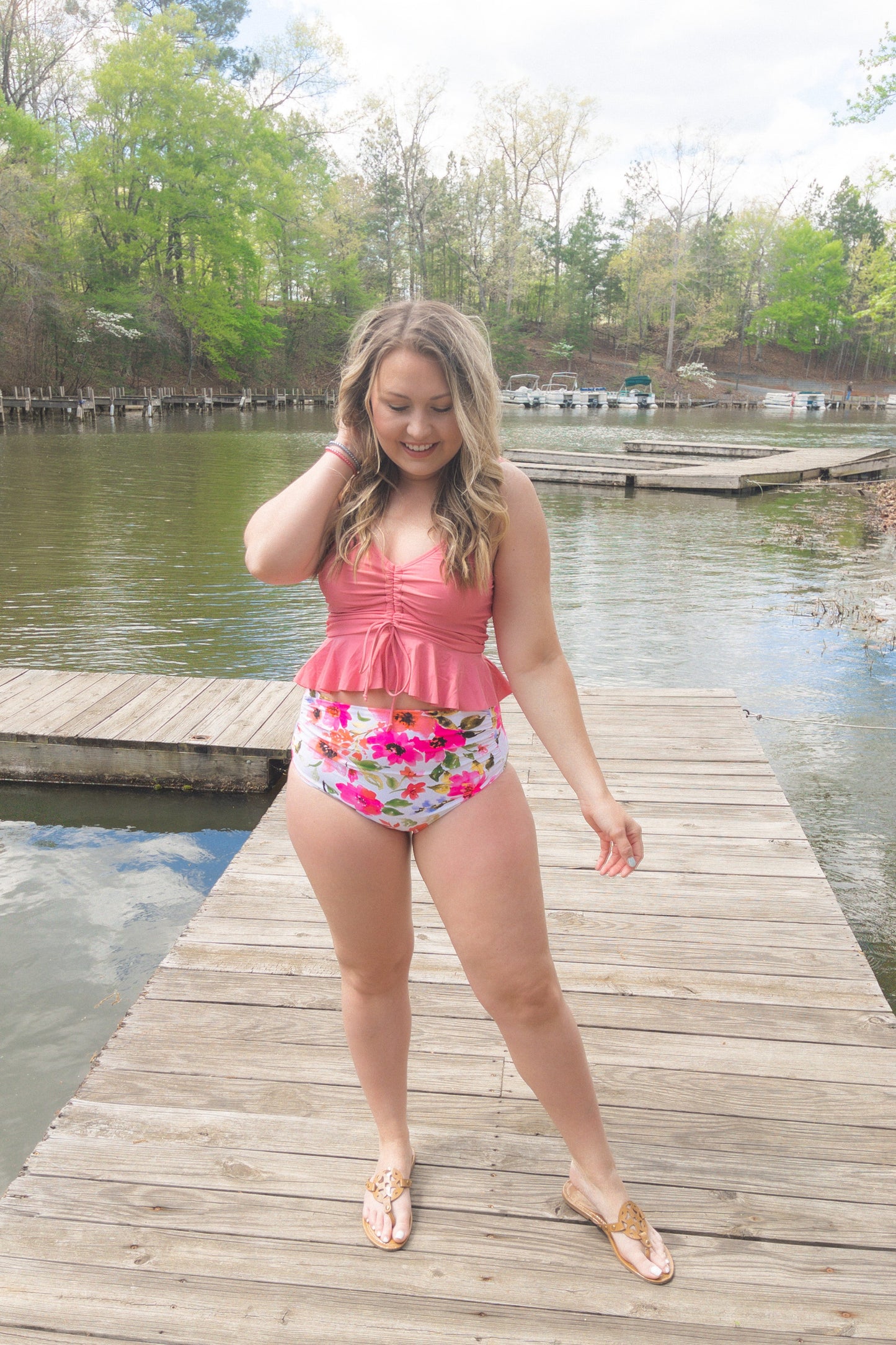 Pink Peplum Drawstring Swim Top