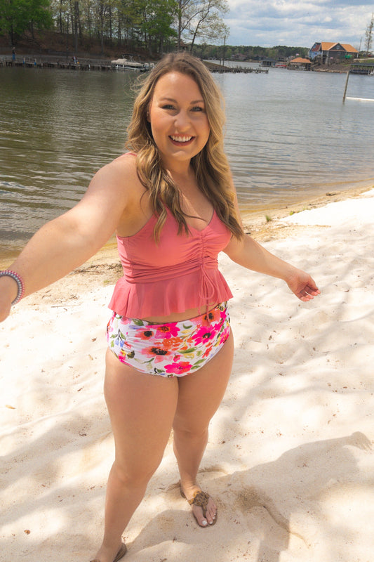 Pink Peplum Drawstring Swim Top