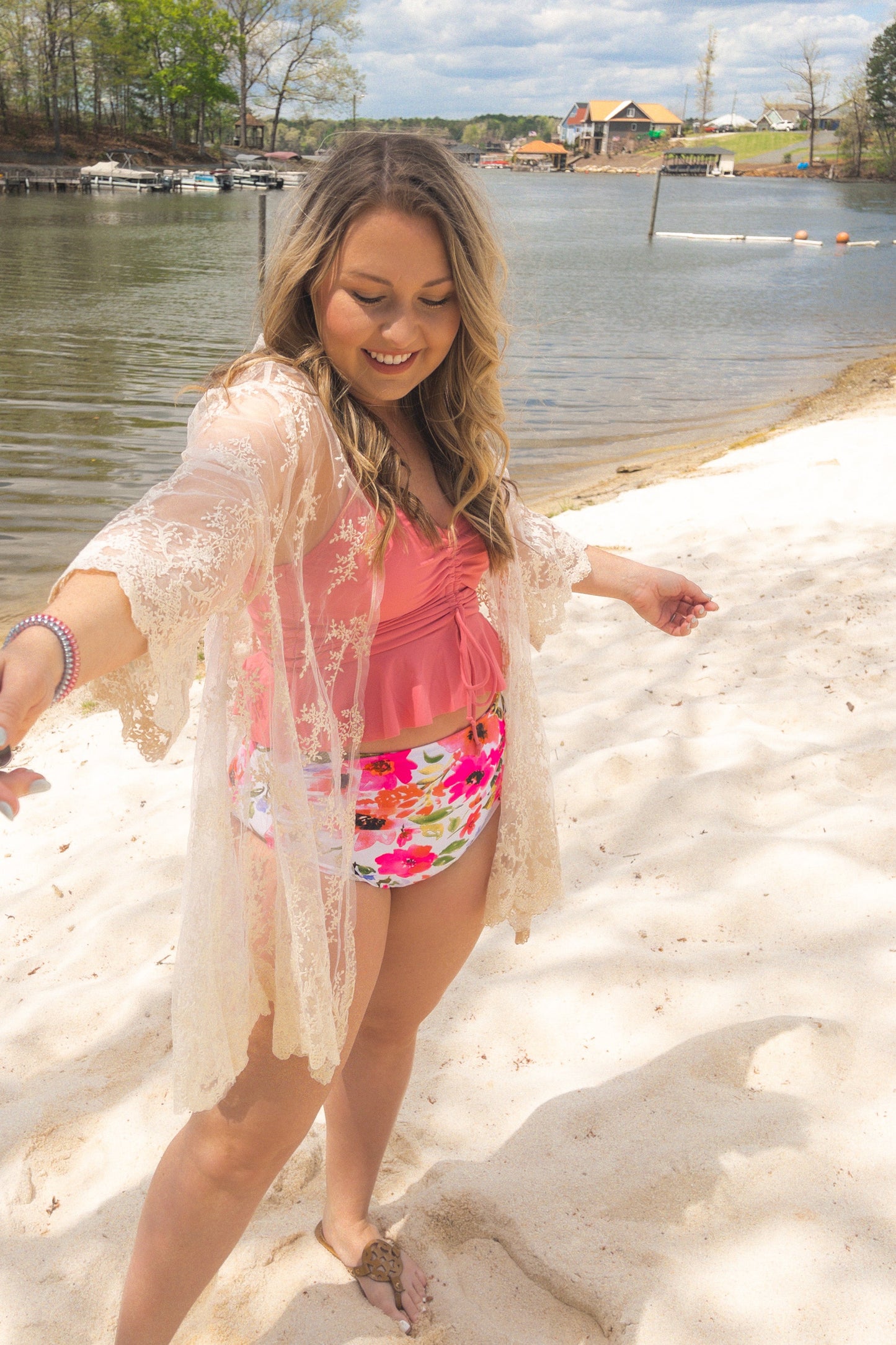 Pink Peplum Drawstring Swim Top