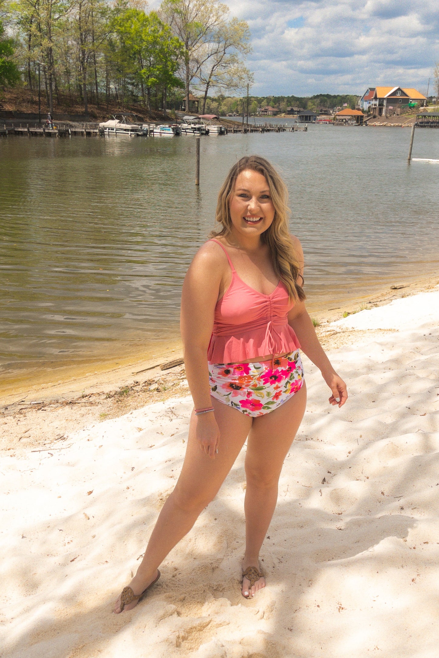 Pink Peplum Drawstring Swim Top