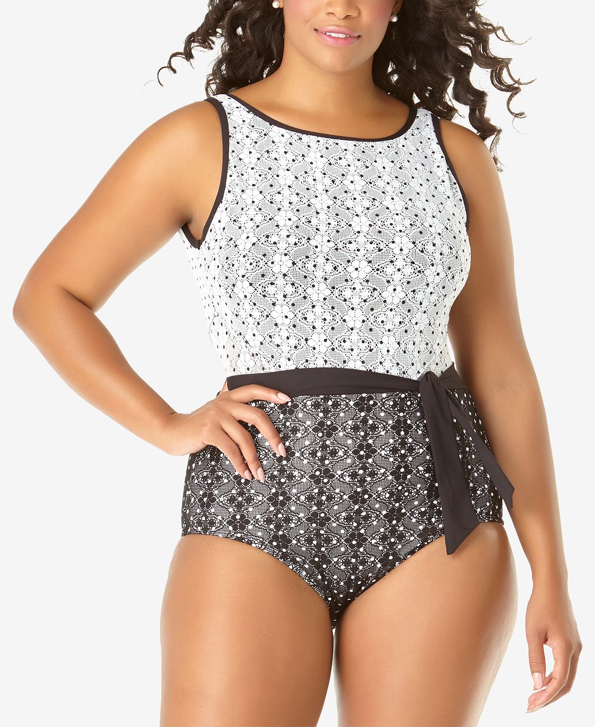 Anne Cole Plus In First Lace Dot-print One-piece Swimsuit Black And White