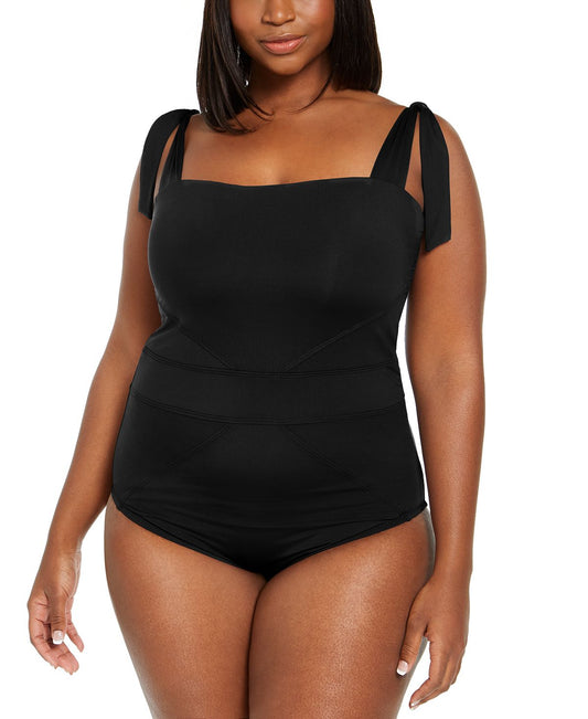 Becca Etc Plus Solid Color Code Tie Shoulder One-piece Swimsuit Black