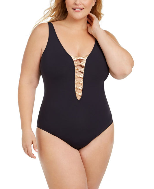 Bleu By Rod Beattie Bleu Rod Beattie Plus Solid Knotted Lace-down One-piece Swimsuit Black/Rose Gold
