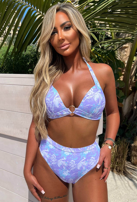 Beachy Allure Blue Marble Print Padded Cup Bikini With High Waist Brief