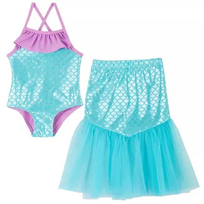 Floatmini Ruffle Top Aqua Iridescent Scales Mermaid Tail Skirt Girls Bathing Suit