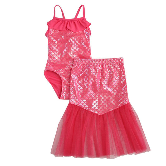 Floatmini Ruffle Top Pink Iridescent Scales Mermaid Tail Skirt Girls Bathing Suit