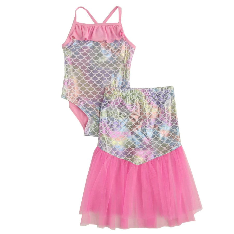 Floatmini Ruffle Top Pink Metallic Rainbow Scales Mermaid Tail Skirt Girls Bathing Suit