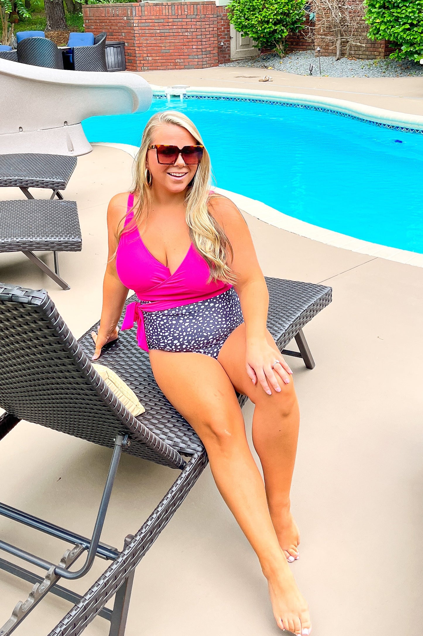 Beach Party One-Piece Swimsuit, Hot Pink & Black