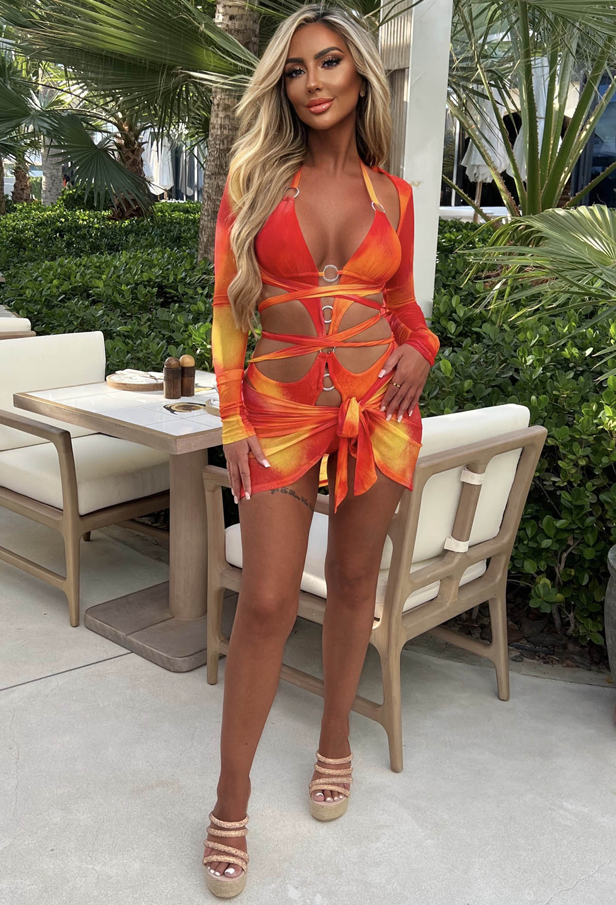 Fiery Skies Orange 3-Piece Swimsuit And Cover Up Co-Ord Set
