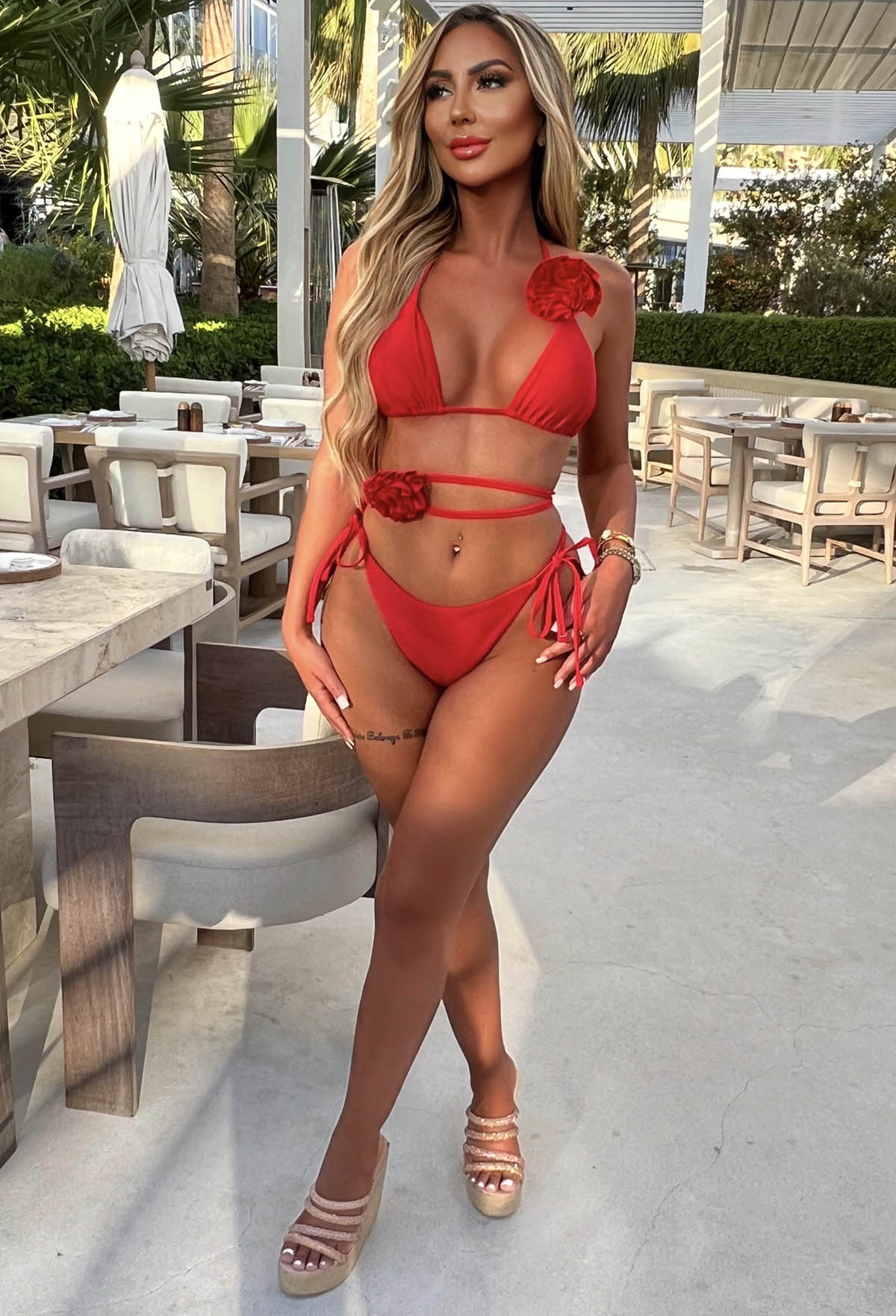 Midnight Affair Red Flower Trim Triangle Bikini With Choker and Belt