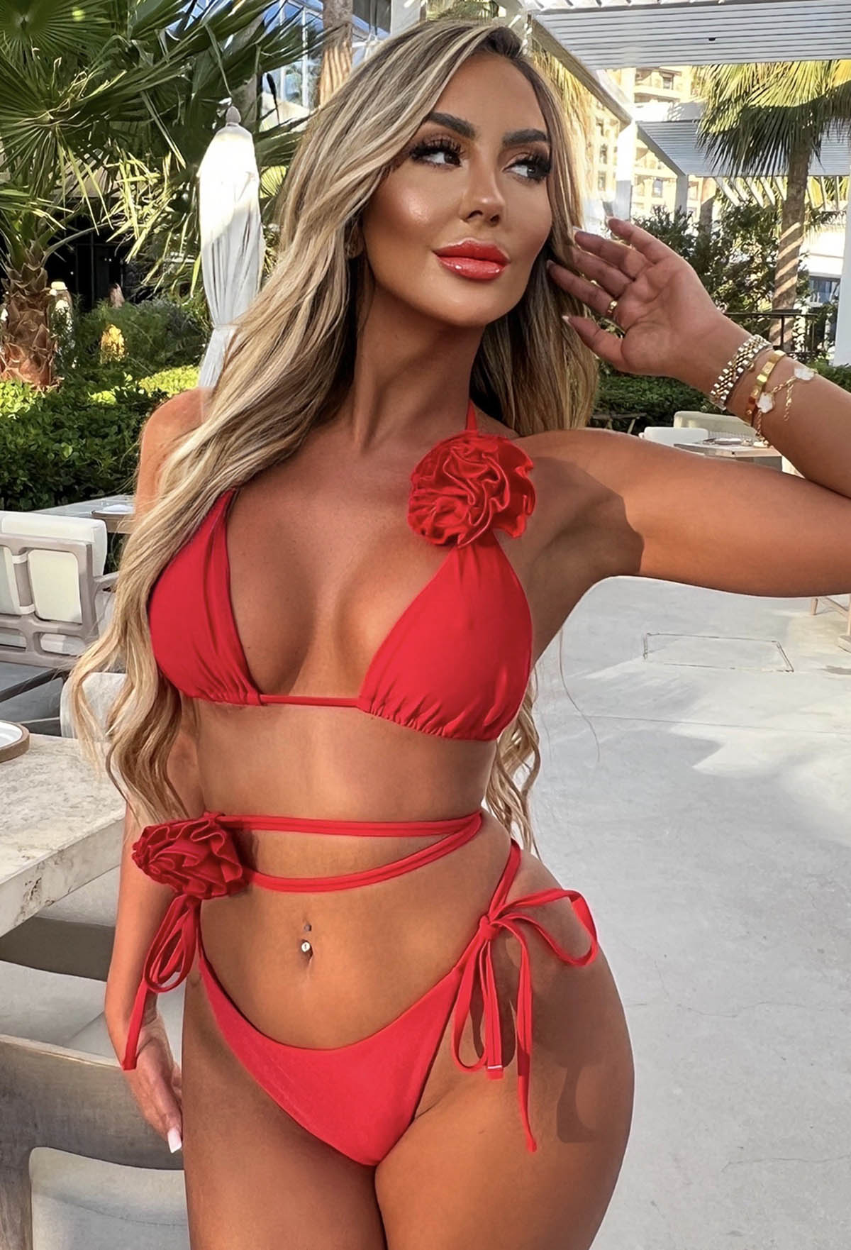 Midnight Affair Red Flower Trim Triangle Bikini With Choker and Belt