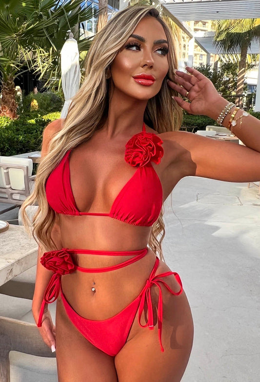 Midnight Affair Red Flower Trim Triangle Bikini With Choker and Belt