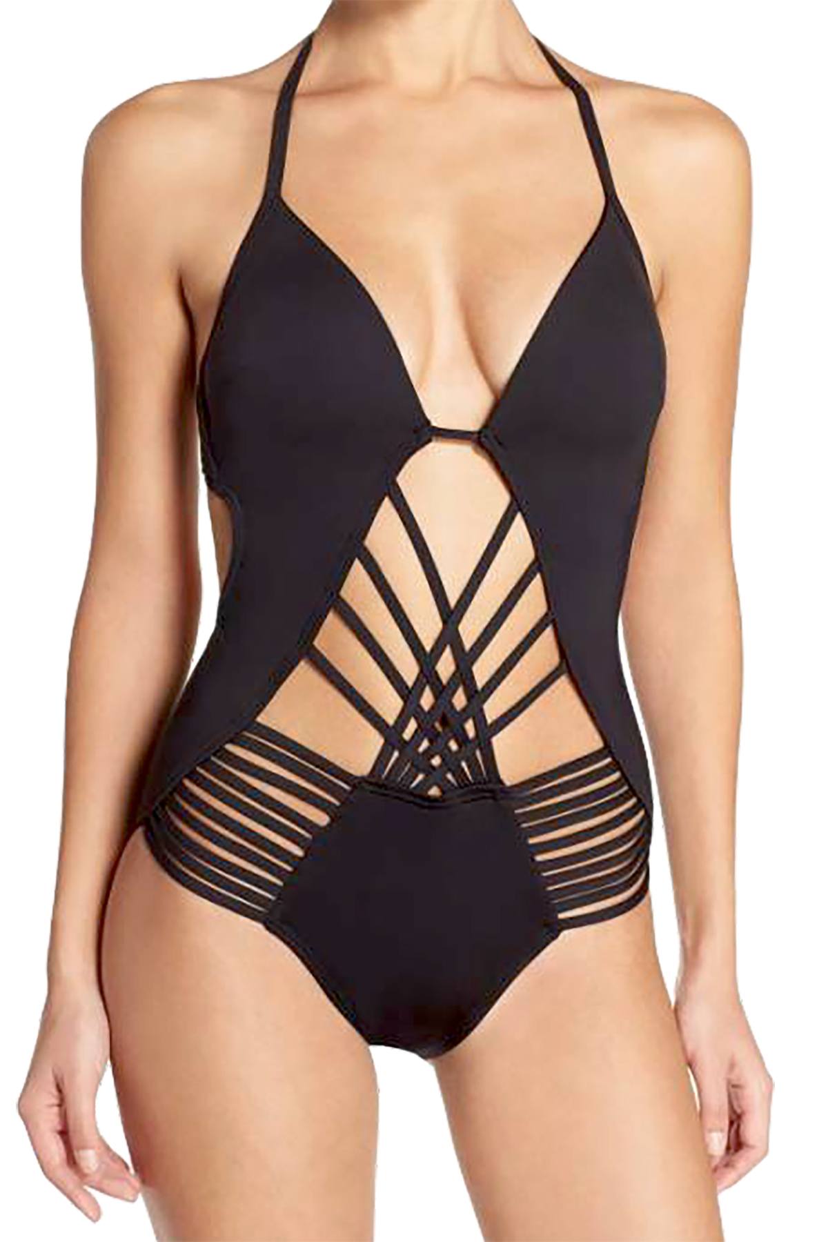Kenneth Cole Black Macrame Push-Up Monokini