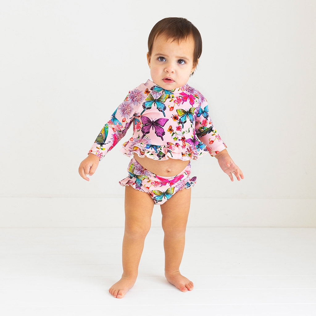 Watercolor Butterfly Long Sleeve Rash Guard Ruffled Bummie Set