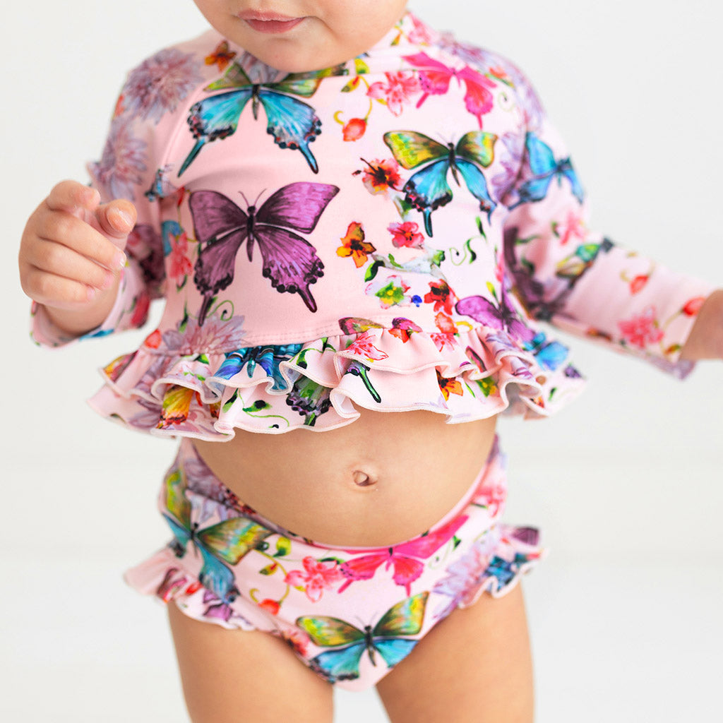 Watercolor Butterfly Long Sleeve Rash Guard Ruffled Bummie Set