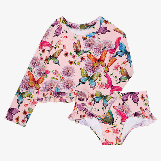 Watercolor Butterfly Long Sleeve Rash Guard Ruffled Bummie Set