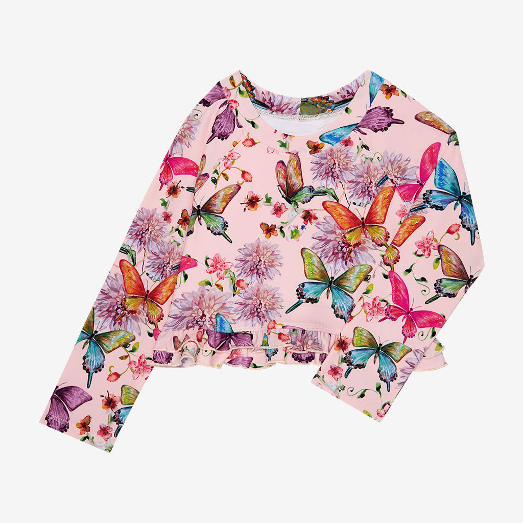 Watercolor Butterfly Long Sleeve Rash Guard Ruffled Bummie Set