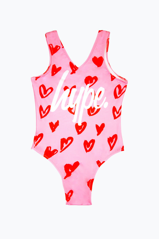 HYPE GIRLS MULTI SCRIBBLE HEARTS PINK SWIMSUIT