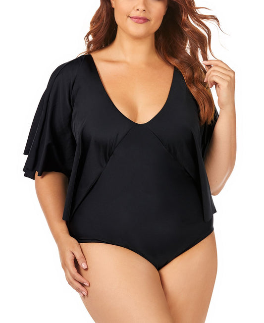 Raisins Curve Trendy Plus Juniors' Solid Stingray Flutter Sleeve One-piece Swimsuit Black