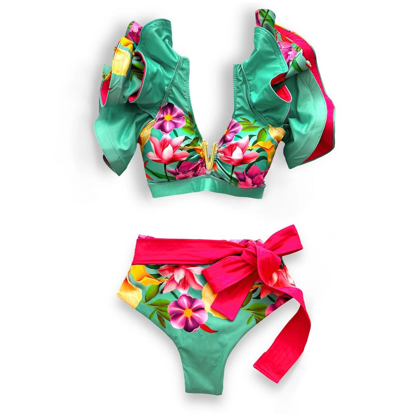 Two-Pieces Women Floral 2024 Push-Up Padded Bra Ruffles Bandage Bikini Set Swimsuit Swimwear Bathing Suit Beachwear Biquini ShopOnlyDeal
