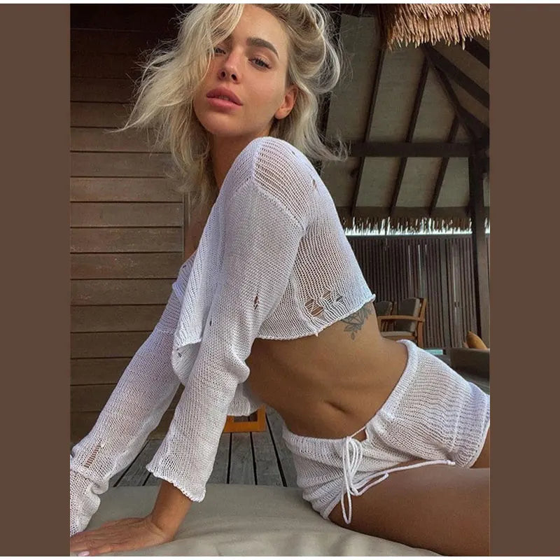 Sexy Beach Crop Top Shorts Sets Women Knit Long Sleeve Lace Up Female Suit Summer Holiday See Through 2 Piece Set Womens ShopOnlyDeal