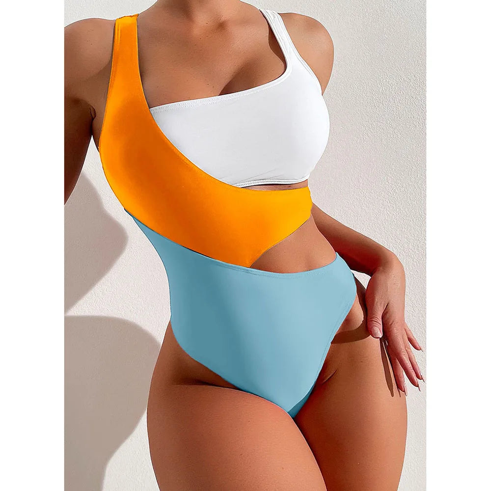 Sexy One Piece Swimsuit Cut Out Monokini Pattern Patchwork Women's Swimwear Slimming Bodysuit Push Up Women Beachwear 2024