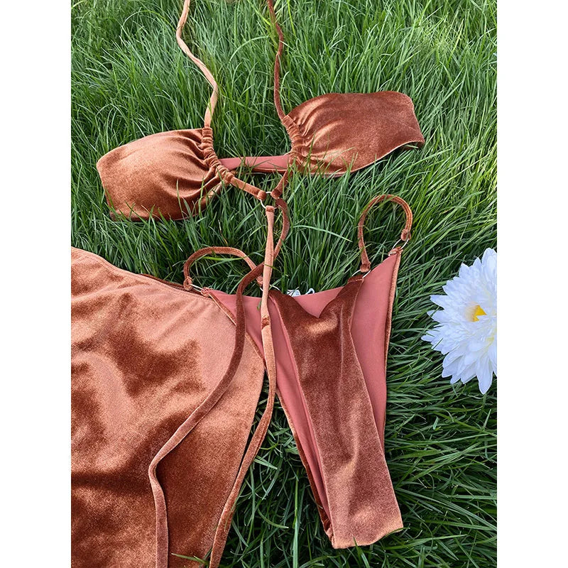 String Bikini Set Solid Bikini Sexy Push Up Swimwear 2024 Women Bathing Suit Thong Biquini 3 Piece Swimsuit Beach Dress ShopOnlyDeal