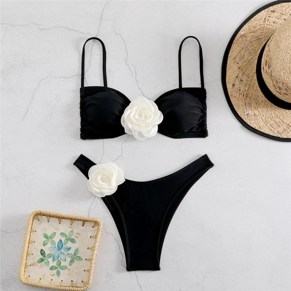 Sexy Flower Bandeau Swimwear Thong Bikini 2024 Women Lace-up Swimsuits Swimming Bathing Suit Brazilian Bikinis Set Mujer Biquini ShopOnlyDeal