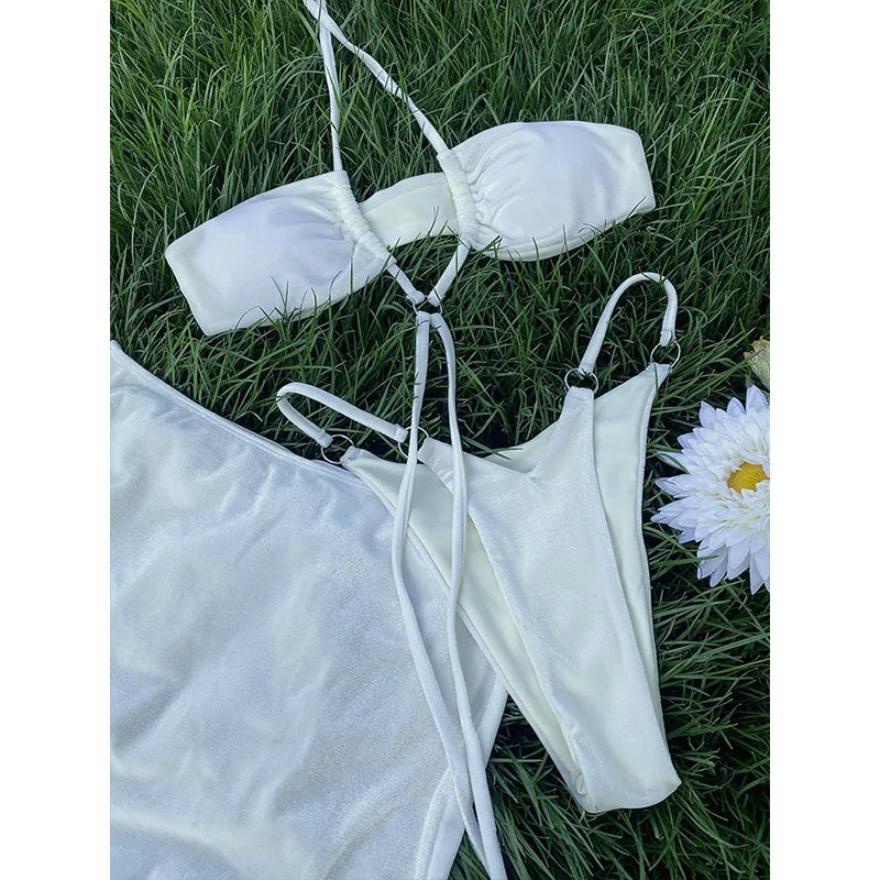 String Bikini Set Solid Bikini Sexy Push Up Swimwear 2024 Women Bathing Suit Thong Biquini 3 Piece Swimsuit Beach Dress ShopOnlyDeal